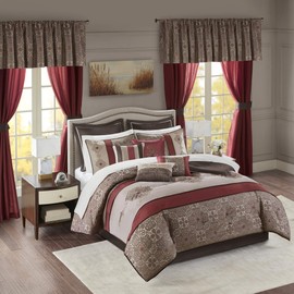 Madison Park Essentials Delaney 24-Piece Room In A Bag Comforter Set-Satin Jacquard, All Season Luxury Bedding, Sheets, decorative pillows and Curtains, Valance, Cal King(104"x92"), Medallion Red