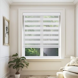 Youngoo Cordless Zebra Blinds for Indoor Windows, Dual Layer Sheer Blinds 70% Blackout Zebra Shades, Light Filtering Window Treatments Privacy Light Control Day Night Blinds,28" W*72" H,White