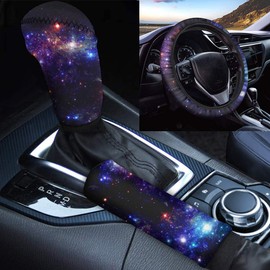 TOADDMOS 3 Piece Set Blue Galaxy Sky Print Soft Steering Wheel Covers Handbrake Cover Shift Cover Anti Slip Universal Fit