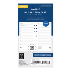 Filofax Calendar Diary Refill, Personal/Compact Size, Day on One Page with Appointments, Ruled, White Paper, Multilingual: Five Languages, 2025 (C68442-25)