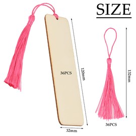 BUYGOO 72Pcs Wooden Blank Bookmarks with String and Holes, Including 36pcs DIY Wooden Unfinished Blank Craft Bookmarks and 36pcs Craft Tassels Rectangle Wood Bookmarks for DIY Crafts Book Lovers