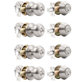 Probrico Door Knob and Single Cylinder Deadbolt Lock Set, Satin Nickel Front Door Handle and Deadbolt,Keyed Alike Reversible Deadbolt and Knob Set, Exterior Door Lock Set with Deadbolt,4Pack