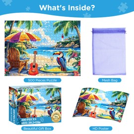 500 Piece Jigsaw Puzzle for Adults, Beach Scenery Jigsaw Puzzle, Chair and Guitar Jigsaw Puzzles, Seaside Lover Challenging Puzzles for Friends Family Activity Game Nights Gifts