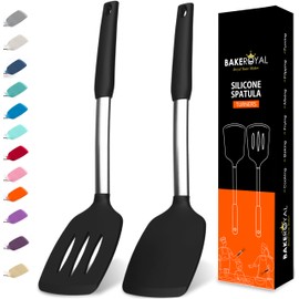 BakeRoyal Silicone Spatula Set - Turner Spatulas Silicone Heat Resistant 600°F - Slotted & Solid Spatula for Cooking Fish, Eggs, Pancakes Flipper – Spatulas for kitchen use – Black