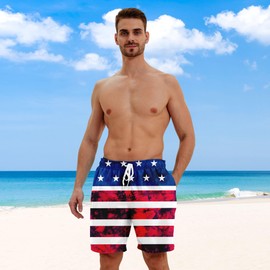 westwolf Deep Blue Red Swim Trunks with Compression Liner for Men's Plus Size Swimming Suits Men American Flag 7" Bathing Suits Man Hawaiian Style Swimwear XX-Large