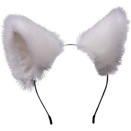 [Qintreesify] Cute Cat Ear Headband Long Fur Fox Ear Cosplay Headband with Bell Headwear Party Costume Halloween Hair Hoop White