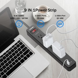 UCOMEN Surge Protector Power Strip with 2 PD 20W USB C and 1 QC 18W USB A Ports, Power Strip Flat Plug 6ft Extension Cord, 1680 Joule, Black Wall Mountable for Home Office Dorm Room