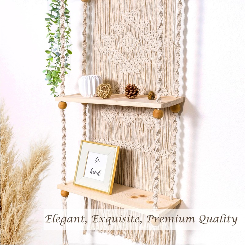 Induslyfe Macrame Wall Hanging Shelf 2 Tier Boho Wall Plant