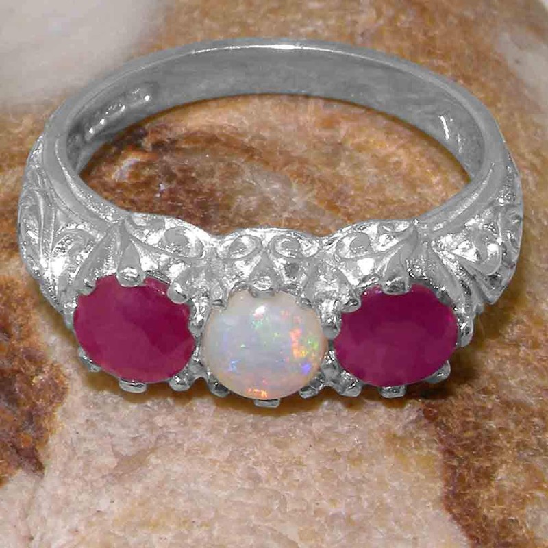 925 Sterling Silver Womens ring Natural Opal & Ruby Anniversary