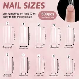 500 Pcs No C Curve Square Nail Tips 10 Sizes French Straight Long Nail Tips Clear Long Half Cover Artificial Nails for DIY Manicure Salon Professional and Home Nails Art