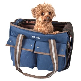 PET LIFE Mult-Pocketed Canvas Fashion Designer Travel Pet Dog Carrier, Medium, Khaki Blue