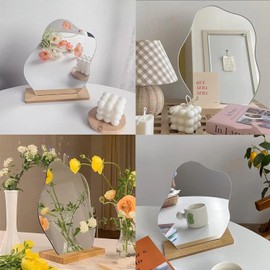 ChAusa Acryl Schminkspiegel Rahmenlose, Spiegel Aesthetic, Spiegel Ohne Rahmen, Unregelmäßiger Dekorative Kosmetik Tischspiegel, mit Holzsockel, für Schlafzimmer, Aesthetic Room Décor (24x19cm)