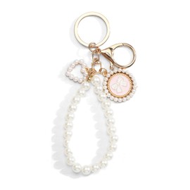 OBEISN Cute Keyring with Bow and Beads for Women, White Fabric Keyring with Bow and Metal, Silver2, S