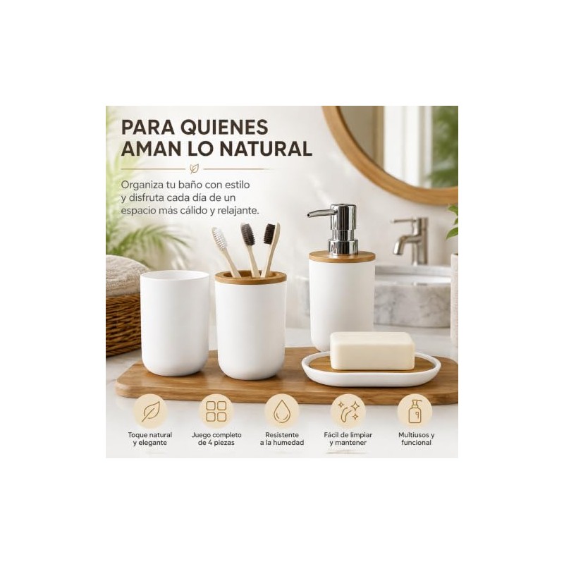 Set 4 Baño Dispensador, Jabonera, Porta Cepillos, Vaso Blanco