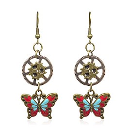 TIANBANGSHI Handmade Steampunk Vintage Clockwork Gear Earrings Unique Retro Angel Wing Gear Earrings Antique Mix-tone Drop Dangle Earrings for Women Men (butterfly)