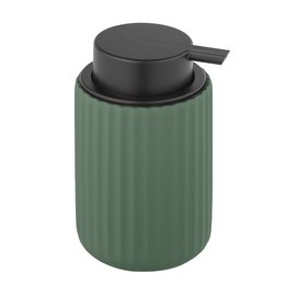 WENKO Belluno Liquid Soap Dispenser, Refillable Soap Dispenser Made of High-Quality Ceramic, Soap Dispenser with Modern Groove Structure, Soft Touch, Matt Green/Black, Diameter 8 x 13.5 cm, 300 ml