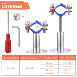 WYSIWYKA 6PCS 304 Stainless Steel Wall Mount Ceiling Mount Pipe Supports,Suitable for OD Pipe 38-40mm,Adjustable Height 50-100mm,Adjustable Pipe Strap Clamp with Screws