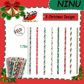 NINU 200 Christmas Paper Straws, Christmas Tree Snowflake Striped Straws for Christmas Party Decorations and Christmas Gifts, 8 Styles