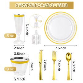 150PCS Gold Plastic Plates Set for 25 Guests, Disposable Dinnerware Set of 25 Dinner, 25 Cups and 25 Champagne Flutes Cups, 25 Spoons, 25 Forks, 25 Knives for Birthday, Wedding & Party Supplies