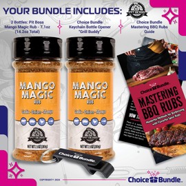 Pit Boss Mango Magic Premium BBQ Barbecue Mixed Seasoning Spice & Dry Rub 2 pk Choice Bundle (14.2 oz) + Guide & Keychain Bottle Opener (4 Items)!