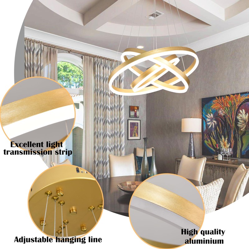 Mccokaige Modern Gold Led Chandelier 3 Rings Gold Dimmable LED