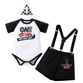 ODOLDI Infants Baby Boys 1st Birthday Racer Costume Outfits Race Car Driver Short Sleeve Costume Black and White 9-12 Months