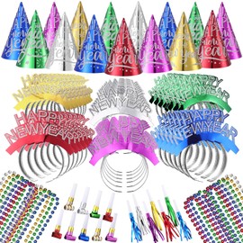 Foilswirl 120 Pcs New Years Eve Party Supplies 2025 Happy New Year Cone Hats Glitter Headband Tiara Beaded Necklace Tassel Squawkers Curled Squawkers(Red, Green, Gold, Blue, Purple, Silver)