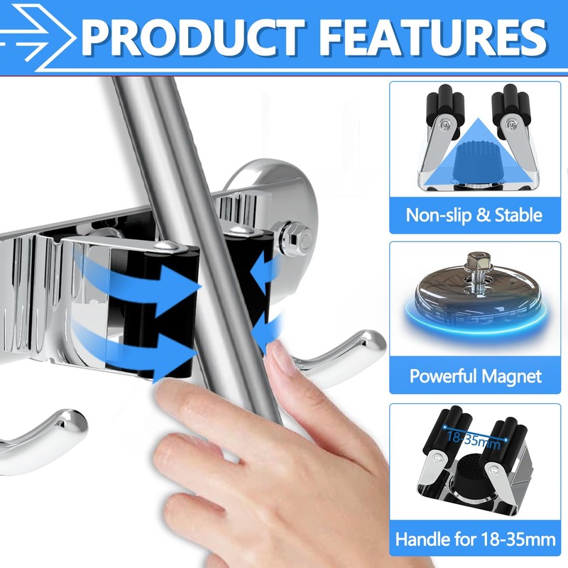 3-H Magnetic Broom Holder Wall Mount 1 Pack, 2-in-1 Dual
