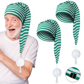 2 Gorros de Dormir de Noche de Hombre Gorro de Pijama a Rayas Gorros de Dormir Ajustables con Pompón para Suministros de Fiesta (Verde y Blanco)