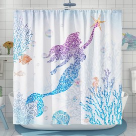 DESIHOM Cute Mermaid Shower Curtain Set, Glitter Fish Scale Girls Shower Curtains for Bathroom Kids Bathroom Decor Polyester Fabric-72" x 72"