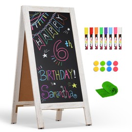 4 THOUGHT A-Frame Double-Sided Magnetic Chalkboard 40"x20", Solid Pine Wood Freestanding Sandwich Board for Restaurants, Cafes, Weddings (Rustic White)