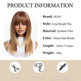 OUFEI Dark Blonde Wigs for Women Medium Length Long Straight Wig with Bangs Synthetic Hair Heat Resistant Wigs for Everyday Party Cosplay Wear