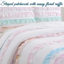 Emma Light Pink Blue Girly Romantic Lace Bold Striped Ruffle 100% Cotton Reversible Quilt Bedding Set, Coverlet, Bedspread (Pink Blue Ruffle, Twin -3 Piece: 1 Quilt + 1 Standard Sham + 1 Decor Pillow)