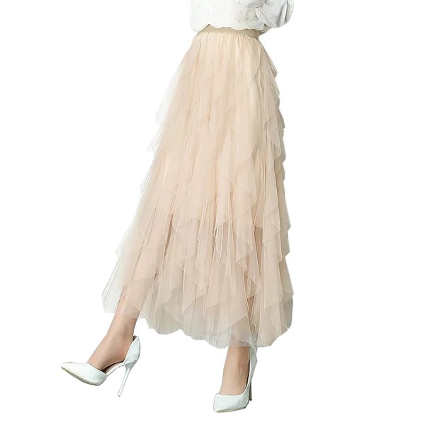 SUZALA Women's Tulle Skirt Elastic High Waist Pleated A-line Midi