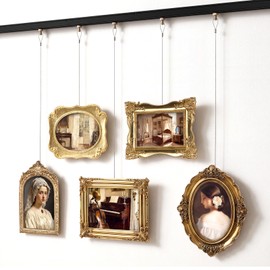 Lineshading Exhibit Picture Frame Gallery System Set of 5, Gold Vintage Adjustable Hanging Photos Display Collage Wall Decor, Resin Baroque Photo Frame Fit 4x6, 5x7 Included Installation Accessories