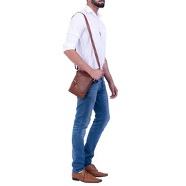ROYALZ 'Louisiana' Leather Shoulder Bag Small for Men Leather Bag Mini Side Pocket Vintage Look Bag for Hanging, Colour: Texas Brown