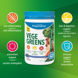 Progressive Health Progressive VegeGreens Blueberry Medley, Vegan Canadian-Made Superfoods + Daily Greens with 23 Whole Foods, Adaptogens, Anti-Inflammatory, Antioxidants & Digestive Support for Energy and Immunity, 265 g