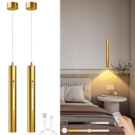 Lightess Battery Operated Pendant Light Set of 2, Motion Sensor, Gold