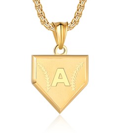 Initial A-Z Necklace for Boys Stainless Steel Letter Shield Pendant Box Chain 22+2 inch Inspirational Baseball Home Plate Necklace Baseball Jewelry Gift for Men(G-A) Over 18 years old
