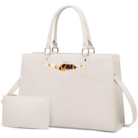 LOVEVOOK Laptop Tote Bag for Women, Leather Business Office Work Bag Computer Briefcase with Small Clutch fit for 15.6 Inch Laptop Beige