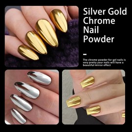 Gold Silver Chrome Nail Powder,2 Jar Nail Chrome Powder for Nails Mirror Metalic Effect Chrome Powder for Nails Home DIY Nail Art (Gold & Silver, M)