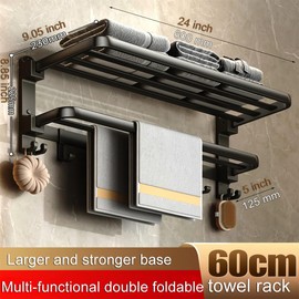 (1 Pack) Yariwiz Matte Black Towel Rack Wall Mounted No Drill and Screw Mounting, Bathroom Bath Shower Length 24 inch Double Towel Rod with Shelf Hotel Towel Rack B0502-MB