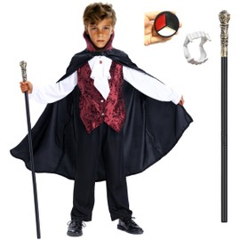 Kids Vampire Costume - Boys Scary Gothic Vampire Costume Outfit with Vampire Teeth, Vampire Cane and Vampire Makeup Face Paint 10-12 Years
