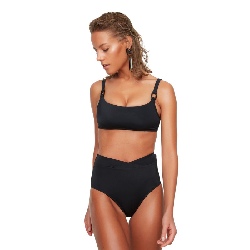 TRENDYOL Women's V Cut High Waist Bikini Bottoms, black