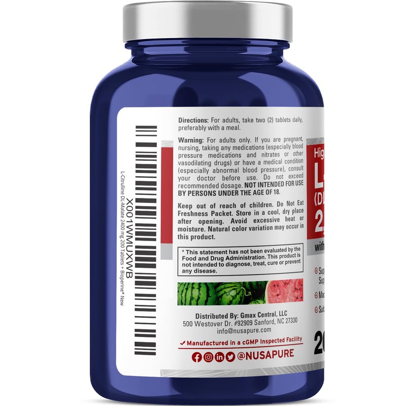 NusaPure L-Citrulline 2,400mg 200 Vegetarian Tablets (Non-GMO, Gluten Free, 100-Day