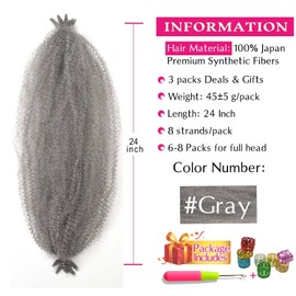 Springy Afro Twist Hair 24 Inch 3 Packs, Afro Twist Hair Pre Fluffed Spring Twist Hair Pre Separated Wrapping Hair for Soft Locs Hair Extensions (24 Inch (Pack of 3), Gray#)
