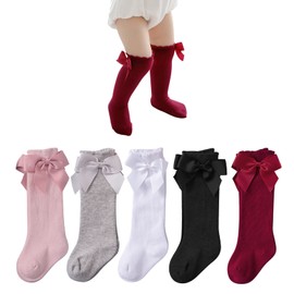 Century Star Baby Girls Bow Knee High Socks Toddlers Ruffled Tube Socks Infant School Uniform Leggings Long Stockings 05Pcs White&Black&Pink&Grey&Red 2-3