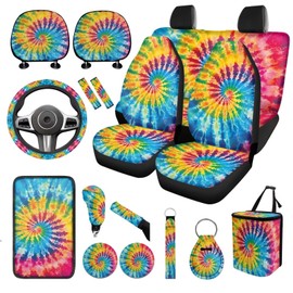 WUYOJUXA Tie Dye Car Accessories Set for Women Girly Cute Auto Seat Protector Full Set 17 Pack Hippie Tie Dye Print Automotive Garbage Cans Organizer Keychains Armrest Pad Car Headrest Pillow Covers