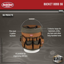 BucketBoss 10056 Bucket Boss 5 Gallon Bucket Canvas Tool Holder and Organizer with 56 Pockets for Bucket Organization in Brown and Green