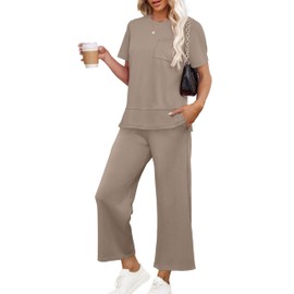 OFEEFAN Womens Plus Size Lounge Set Casual Summer Two Piece Cruise Outfits Spring Short Sleeve Tracksuit Wide Leg Airport Loungewear Travel Clothing Women's Beach Vacation Clothes Khaki 3XL